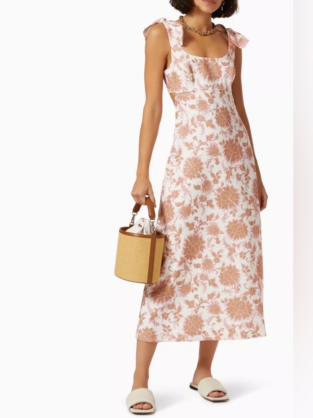 Zimmermann Postcard  Faux Tie Shoulder Midi Dress Open Back Tan Floral AU4 US 12